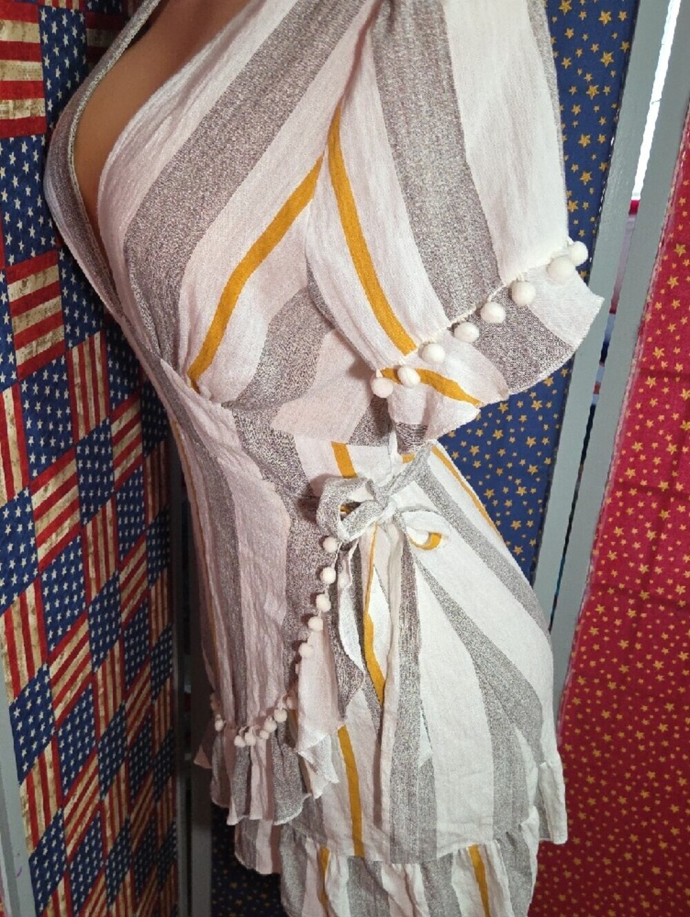 Simplee Apparel White, Gray & Mustard Striped Wrap Mini Dress - Picture 4 of 9